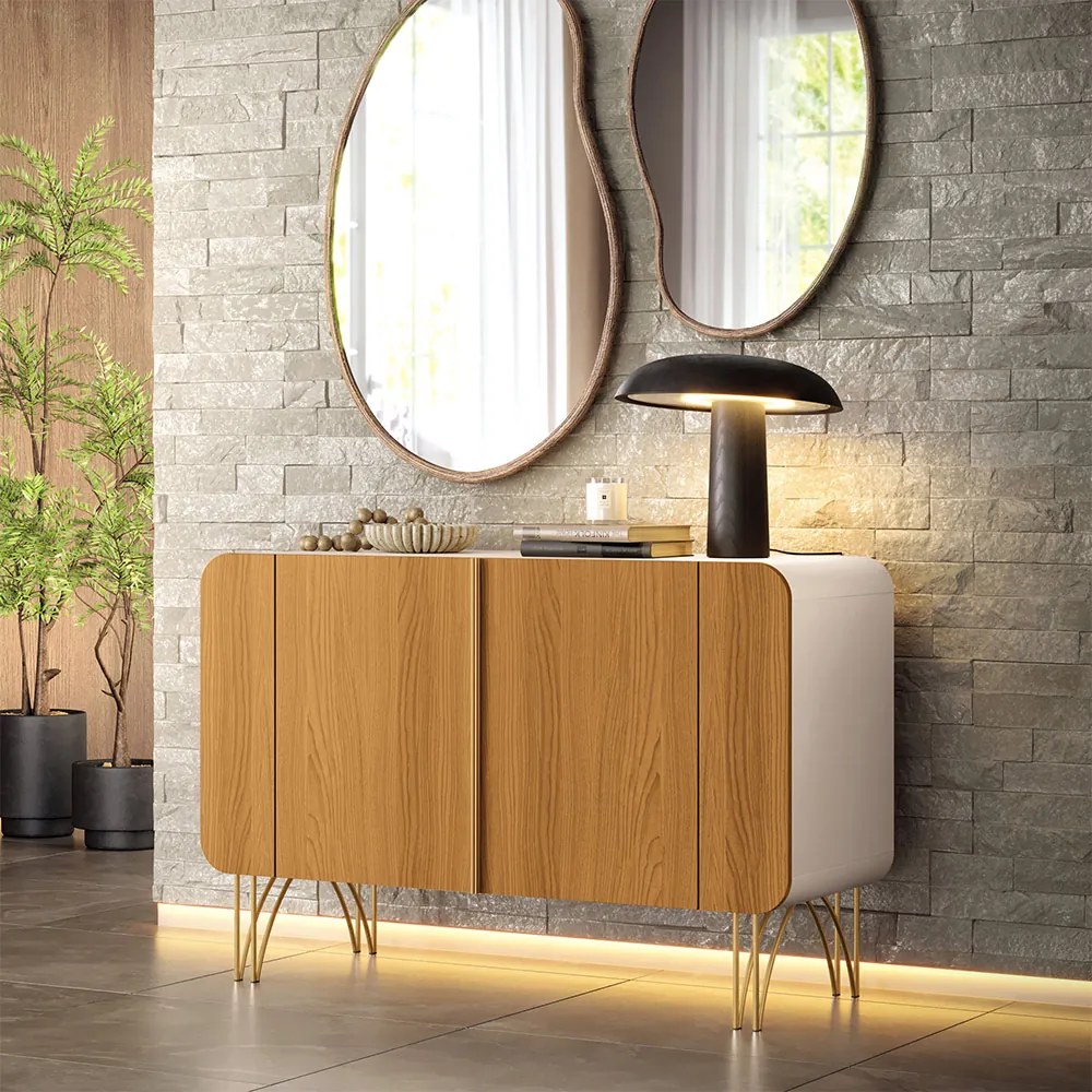 Buffet Decorativo Sala de Estar Bambino MDP/MDF Pés em Aço Off White/Cinamomo G26 - Gran Belo