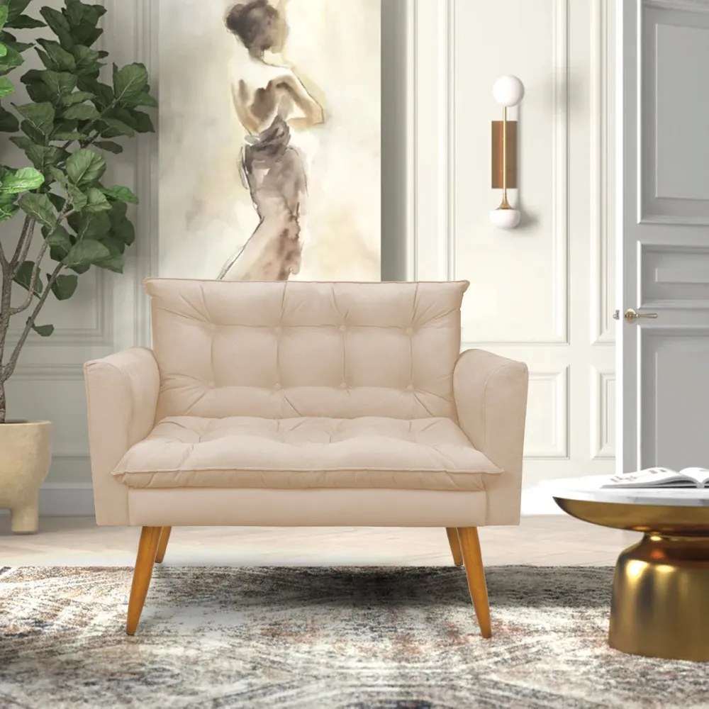 Kit 1 Sofá Namoradeira e 2 Poltronas Tais Suede Bege Pés Palito Castanho - D'Rossi