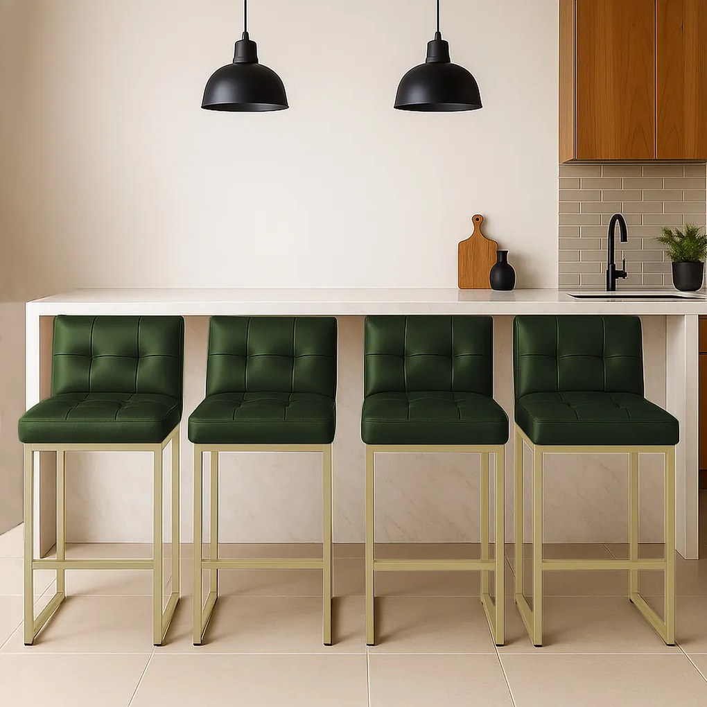 Banqueta Cozinha Alta com Encosto Industrial Kit 4 Champanhe Lirina PU Verde C05 - D'Rossi
