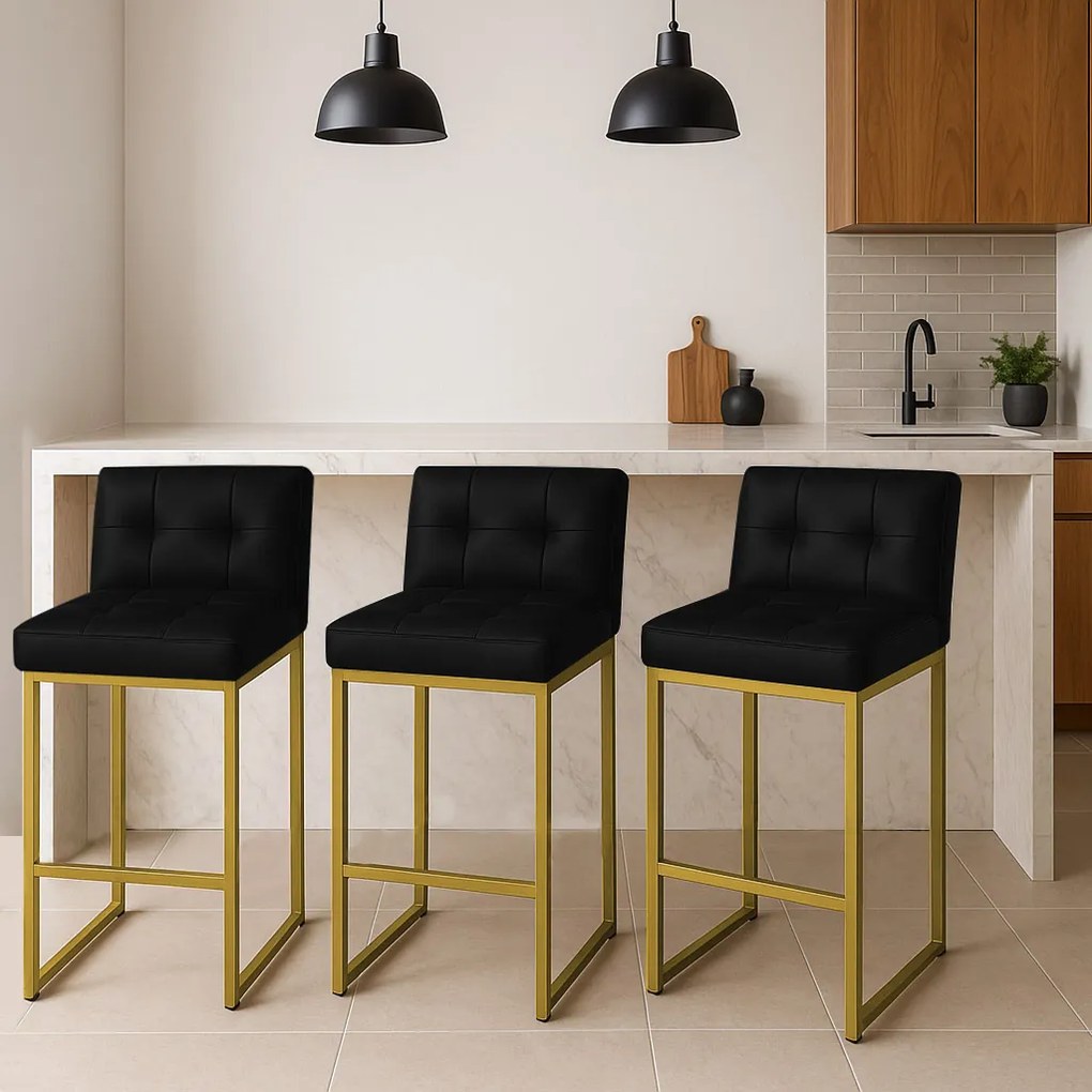 Banqueta Cozinha Alta com Encosto Industrial Kit 3 Dourado Lirina PU Preto C05 - D'Rossi