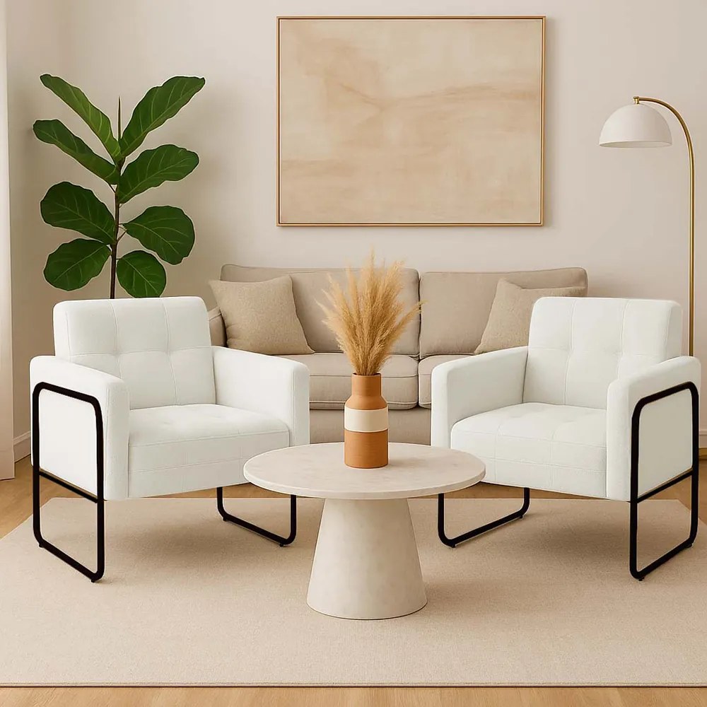 Poltrona Sala Industrial Alta Tubo Preto kit 2 Elisa Bouclê D03 - D'Rossi - Off White