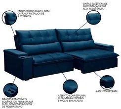 Sofá Retrátil Reclinável 3 Lugares 210cm Moritz F05 Veludo Azul - Mpoz