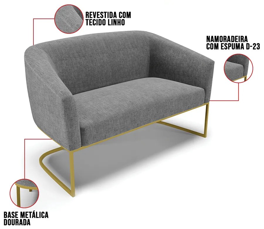 Sofá 2 Lugares Namoradeira Industrial Dourado Stella Linho D03 - D'Rossi - A26 Grafite