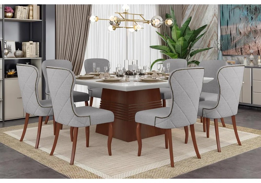 Cadeira Decorativa Sala De Jantar Duque Madeira Linho Cinza G48 - Gran Belo