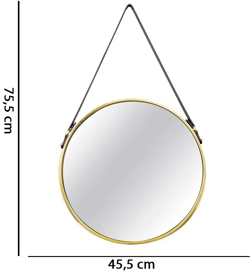 Espelho Adnet Dourado Com Alça de Couro Marrom 75,5x45,5 Cm - D'Rossi