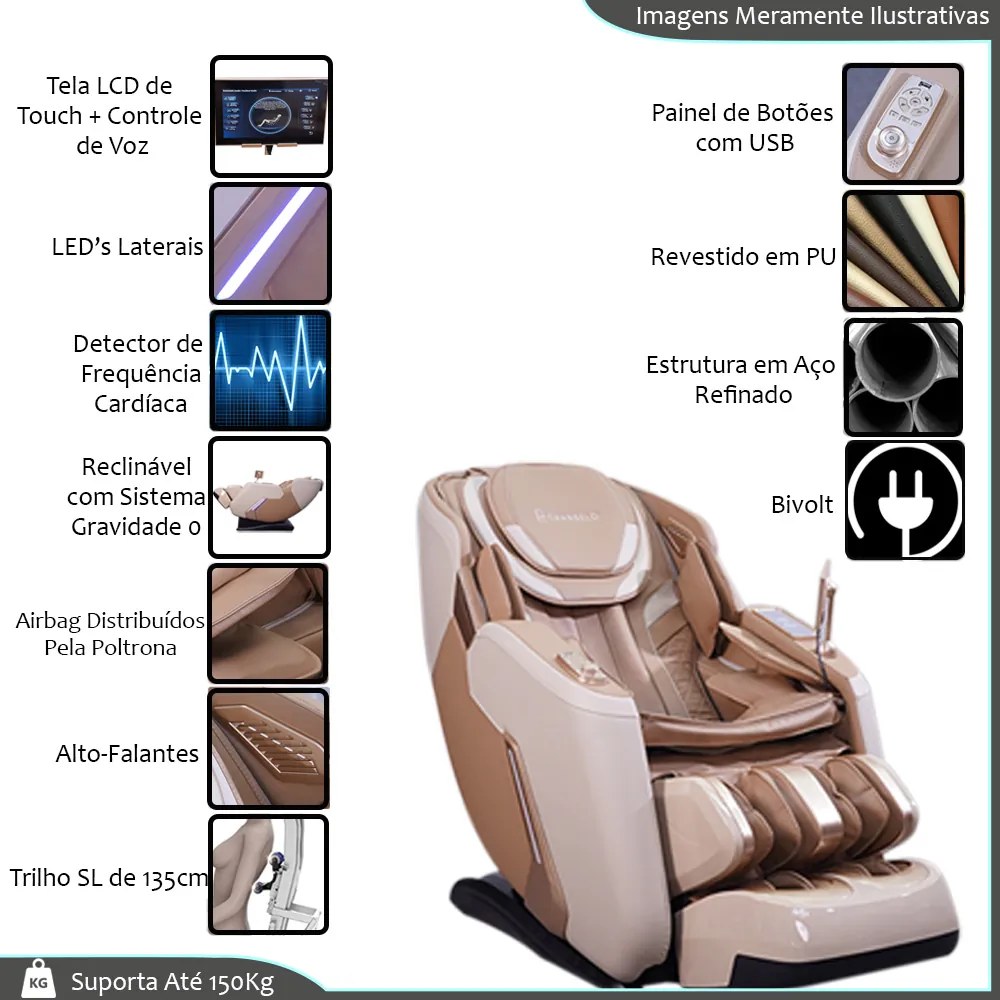 Poltrona Elétrica 3D Bivolt Reclinação Gravidade Zero Stark com Massagem Aquecimento Controle LCD Touch PU Bege G94 - Gran Belo
