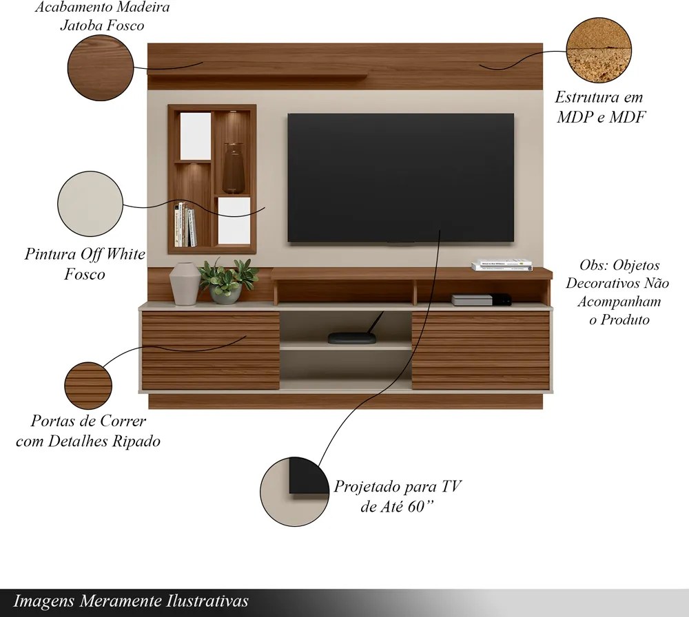 Home Decorativo Evan MDP/MDF Ripado com Nicho TV até 60 Polegadas Jatobá/Off White G77 - Gran Belo
