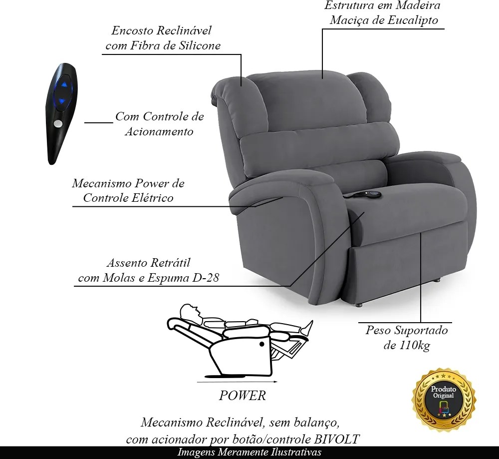 Poltrona do Papai Sala de Cinema Reclinável Kylie Controle Power Elétrico Veludo Cinza Grafite G23