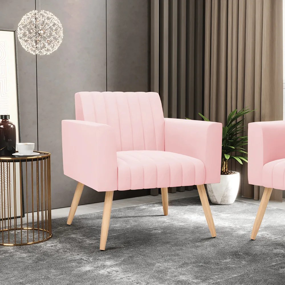 Poltrona Viena Gomada Suede Rosa Bebê Pés Palito Natural - D'Rossi