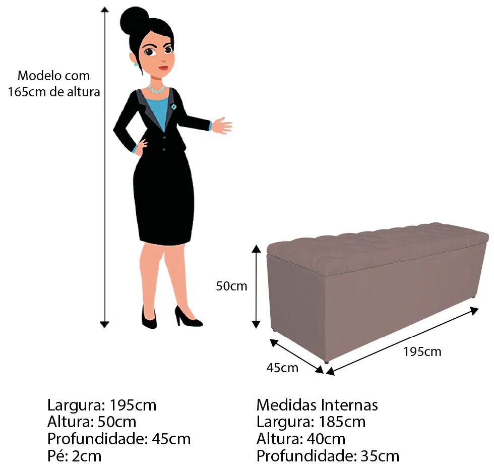 Calçadeira Estofada Liverpool 195 cm King Size Linho Rosê - ADJ Decor