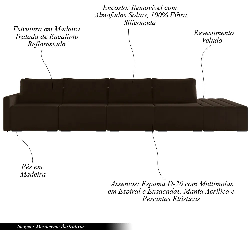 Sofá Ilha Modulado Milos 392cm Puff Lateral Veludo Marrom G33 - Gran Belo