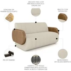 Sofá 2 Lugares 168cm Sala de Estar Munik Veludo Bege/Camel Z08 - Mpoze