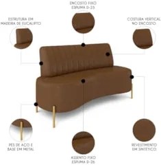Sofá 2 Lugares 135cm Pés Aço Dourado Tamar Sintético Marrom Z08 - Mpoz