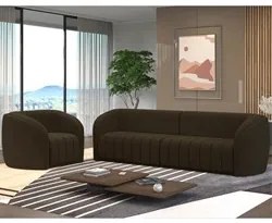 Sofá Decorativo 3 Lugares 252cm e Poltrona Meris M22 Veludo Marrom - M