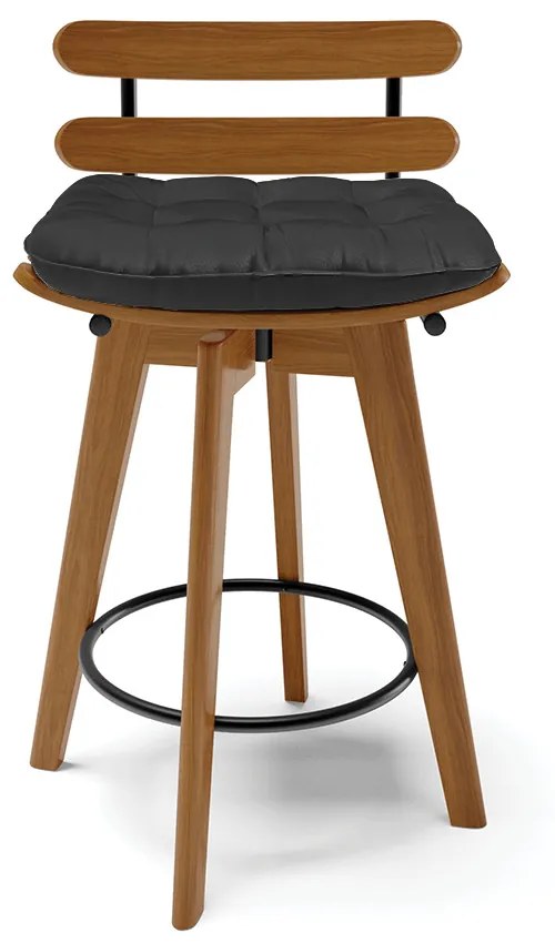 Kit 04 Banquetas Giratória Costela Corino Preto Base Madeira MA70 - D'Rossi