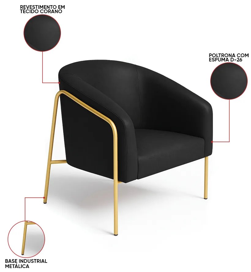 Poltrona Sala Industrial Alta Dourado Kit 2 Stella Sintético PU D03 - D'Rossi - Preto