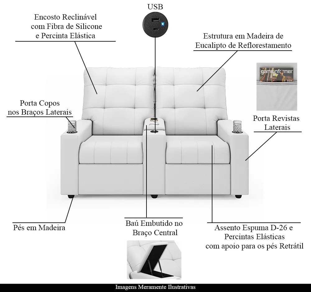 Poltrona do Papai Reclinável Sala de Cinema Movie 2 Lugares Manual Baú USB PU Branco G23