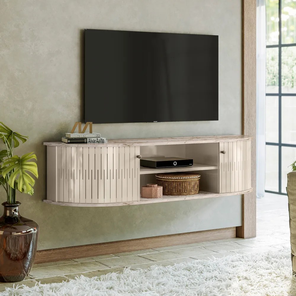 Rack TV 60 Pol 136cm Bancada Suspenso Ripado Norezi Calacata/Off White M20 - D'Rossi