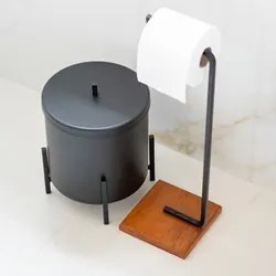Lixeira e Porta Papel Higiênico com Base de Madeira Glam D09 Preto - M