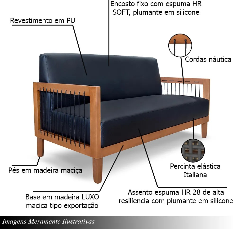 Sofá Namoradeira 2 Lugares Sala de Estar Pés Madeira Maciça Corda Náutica Preta 160cm Manila PU Preto G63 - Gran Belo