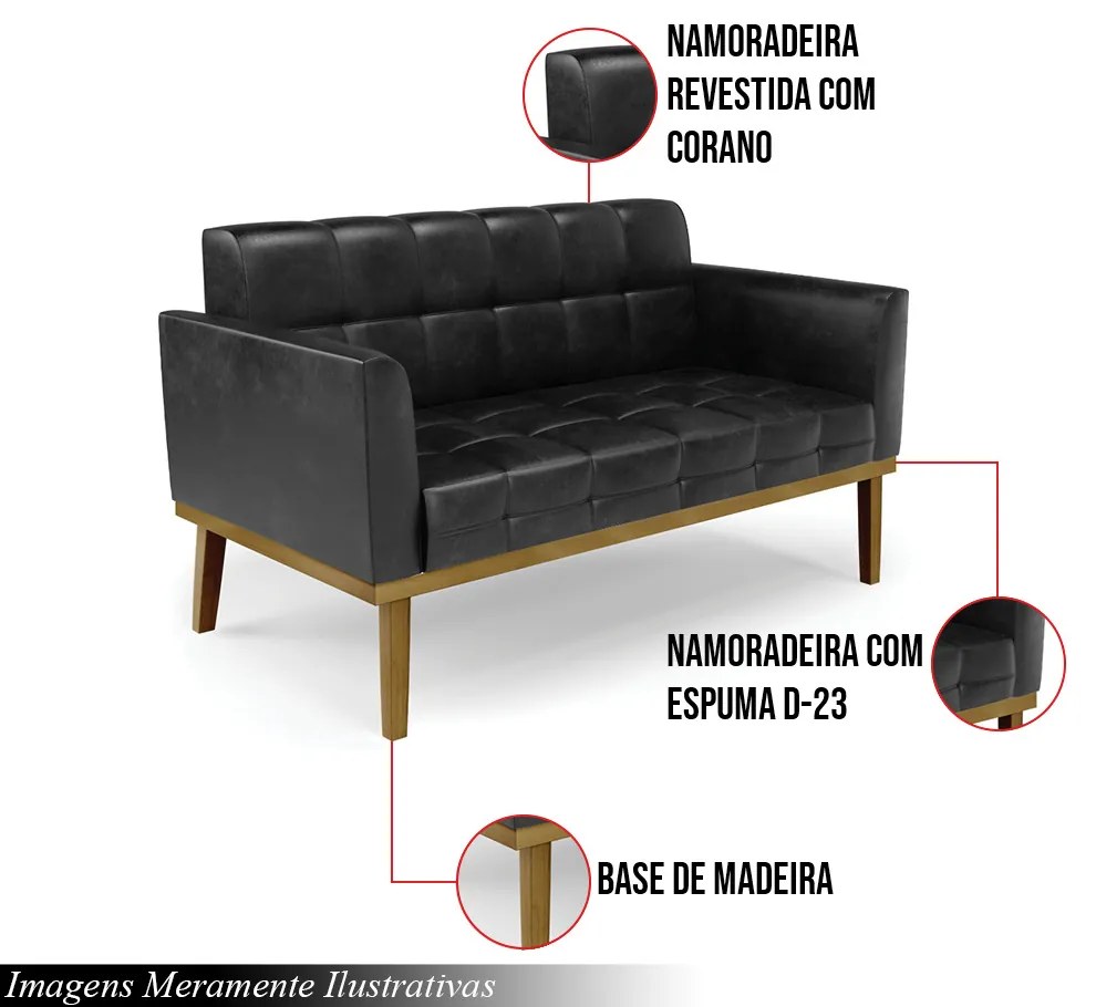 Poltrona Namoradeira Decorativa Karen Pés Fixo em Madeira Castanho PU Preto Brilho G19 - Gran Belo