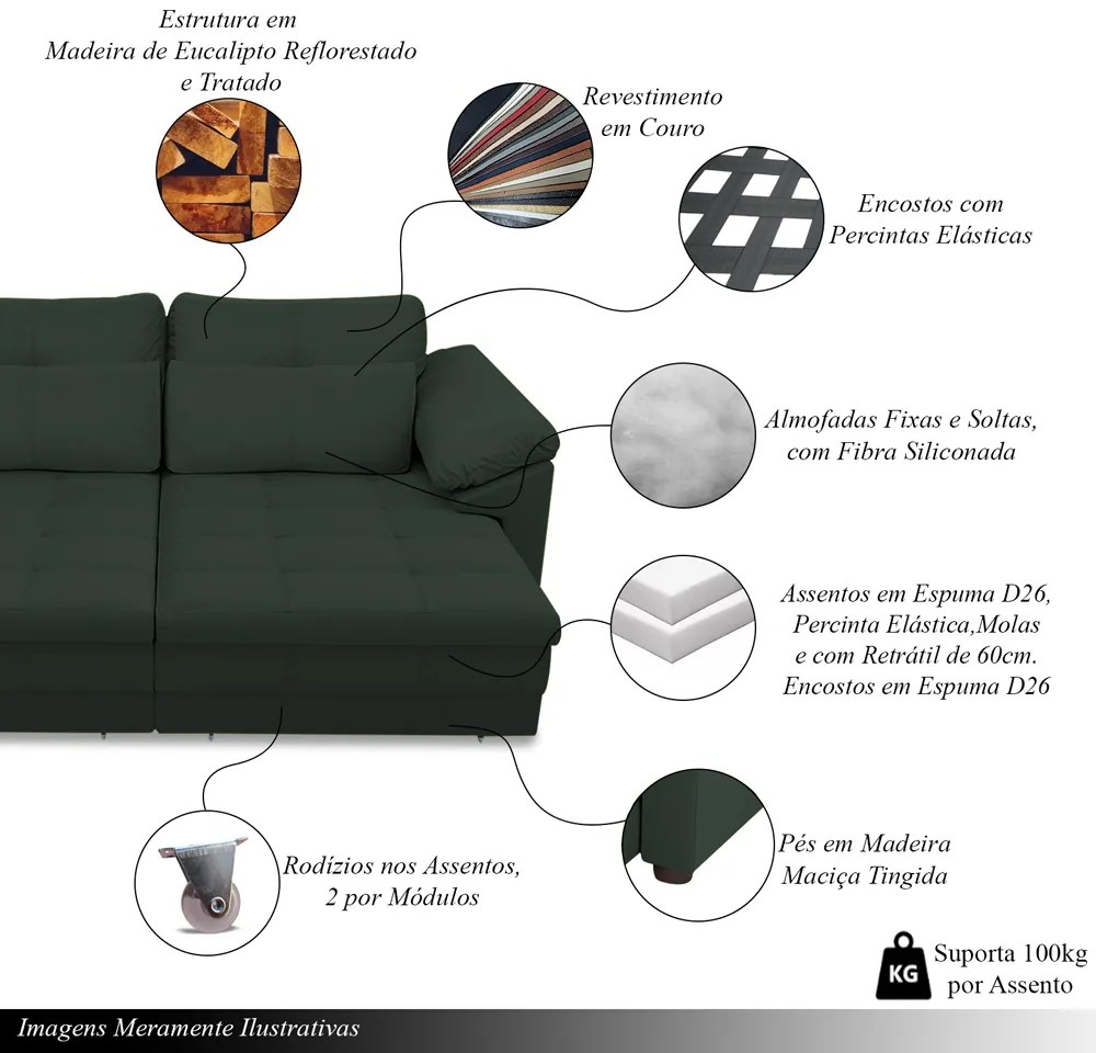 Sofá Retrátil Manual Sala de Estar Nolan Bipartido 379cm Conforto Premium em Couro Verde G58 - Gran Belo