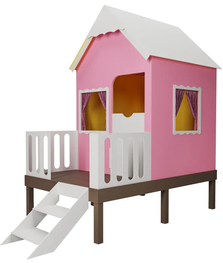 Casinha de Brinquedo Artesanal Rosa com Cercado e Escada Telhado Branco L12 - Gran Belo
