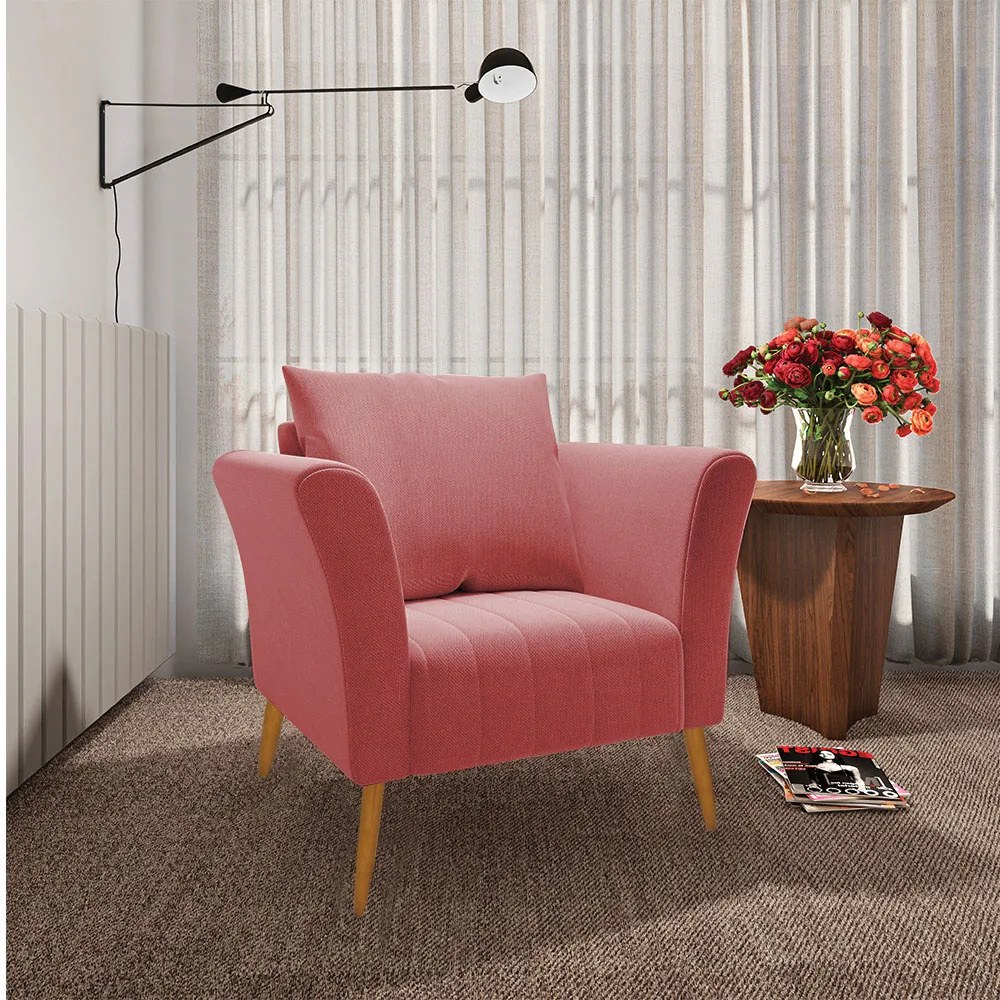 Kit 01 Namoradeira 02 Lugares e 01 Poltrona Marilia Linho Whiski Rose A106 Pés Palito Castanho - D'Rossi