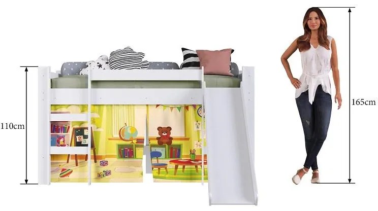 Cama Infantil Elevada com Escorregador Cortina Escolinha