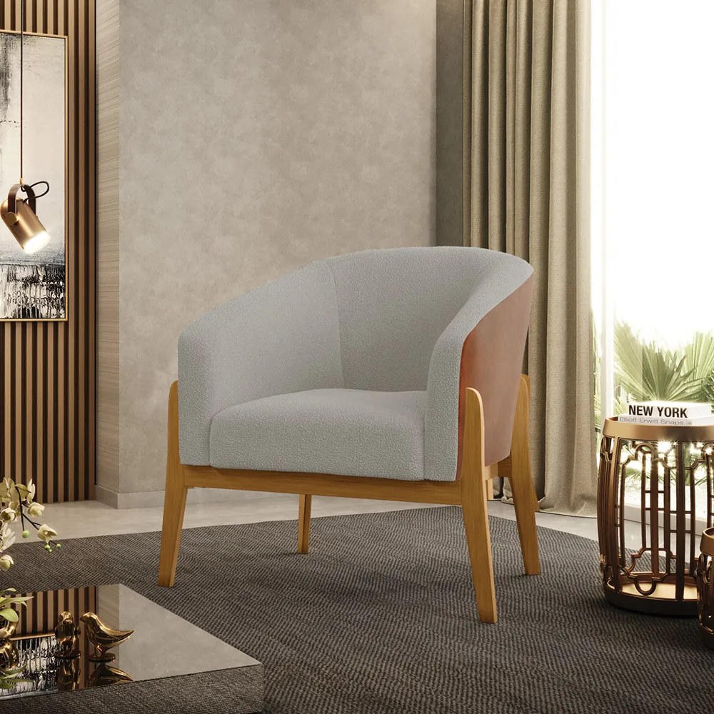 Poltrona Decorativa Base Madeira Kit 2 Stella PU Nozes/Bouclê D03 - D'Rossi - Cinza