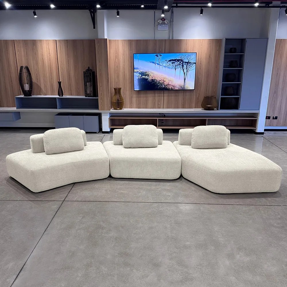Sofá Ilha Sala de Estar 2 Módulos e Chaise Dakota Encosto Almofadas Soltas Bouclê Rústico OffWhite G33 - Gran Belo