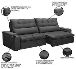 Sofá Retrátil Reclinável 3 Lugares 250cm Moritz F05 Veludo Grafite - M
