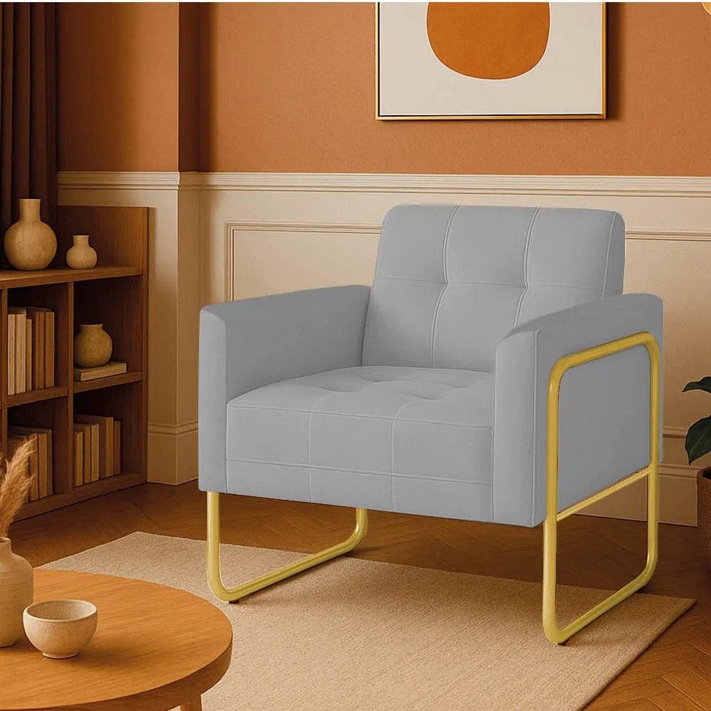 Poltrona Sala Industrial Alta Tubo Dourado Elisa Suede D03 - D'Rossi - Cinza