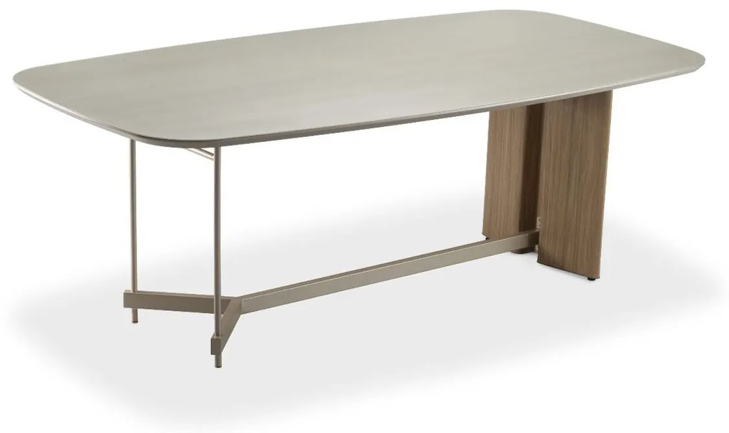 Mesa de Jantar Meyze Retangular Tampo com Vidro Pintado Pés e Travessa Aço Carbono Base Laminado Melamínico