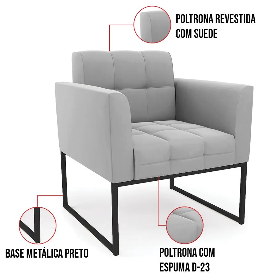 Kit 1 Sofá Namoradeira e 2 Poltronas Elisa Suede Cinza Base Metálica Industrial Preto D03 - D'Rossi