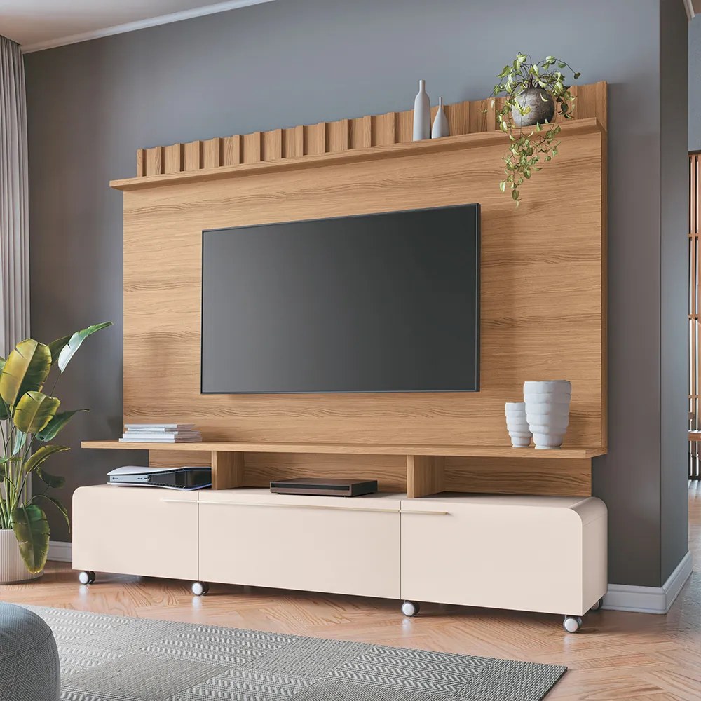Home Painel Decorativo Alhambra TV até 70 Pol MDP/MDF Pés Rodízio Freijó/Off White G26 - Gran Belo