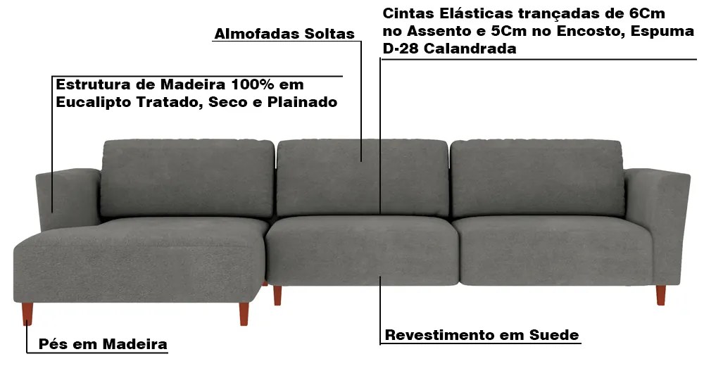 Sofá 350cm com Chaise Esquerda Franz Suede Grafite G52 - Gran Belo