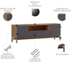 Rack TV 50 Pol 180cm 2 Portas 1 Gaveta Tauari/Grafite F07   - Mpozenat