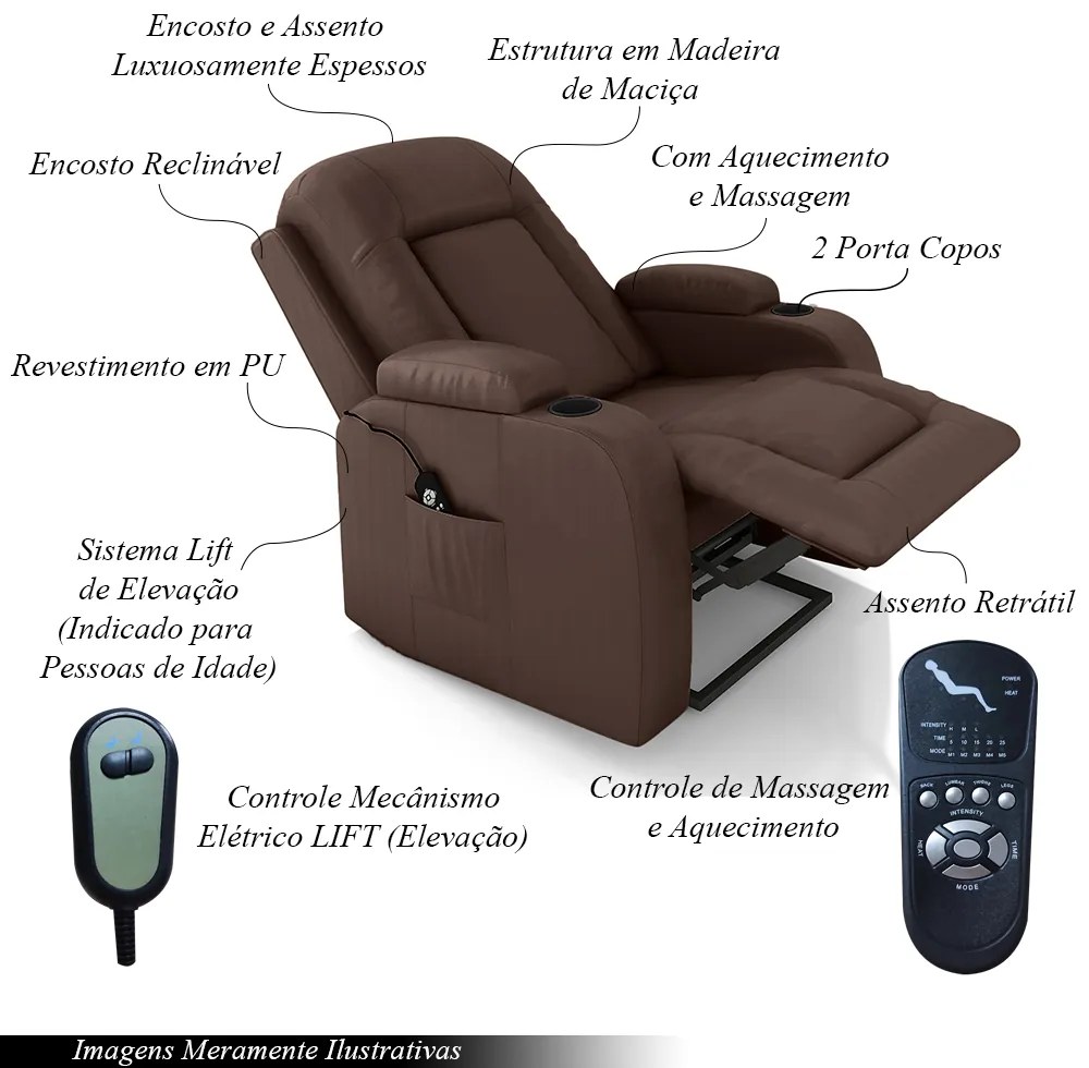 Poltrona do Papai Reclinável Massagem e Aquecimento com Elevação Lift 150° 2 Porta Copos Gambon PU Marrom Chocolate G31 - Gran Belo