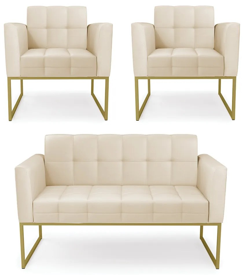 Kit 1 Sofá Namoradeira e 2 Poltronas Elisa Corino Base Metálica Industrial Dourado - D'Rossi - Bege