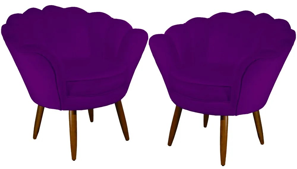 Kit 2 Poltronas Decorativas Pétala Pés Palito Veludo Roxo - Sheep Estofados