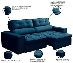 Sofá Retrátil Reclinável 3 Lugares 240cm Blanches F05 Veludo Azul - Mp