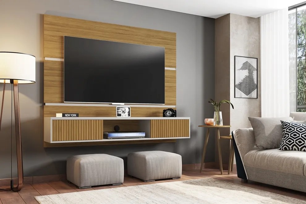 Painel Para TV Âmbar Cinamomo Off White Ripado – Bechara Móveis