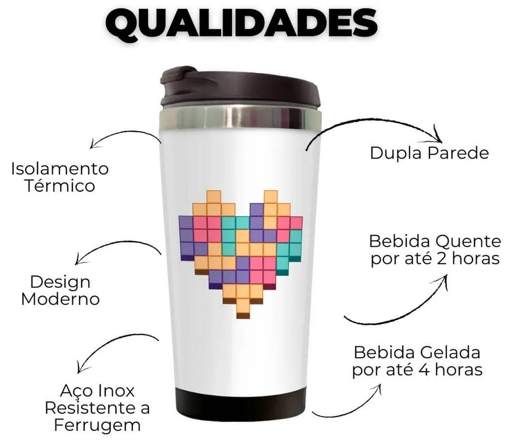 Copo Térmico 500ml Inox Coração Pixel