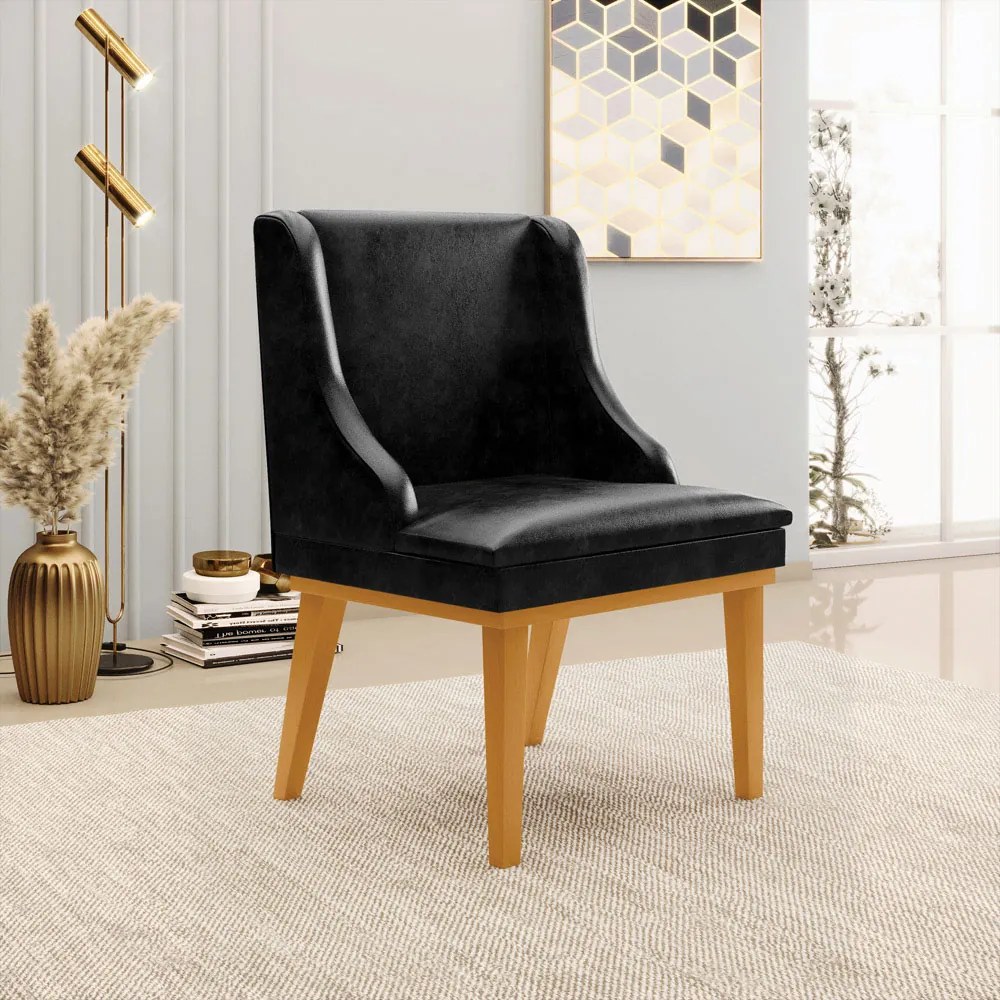 Kit 3 Cadeiras Decorativas Sala de Jantar Base Fixa de Madeira Firenze PU Preto Brilho/Castanho G19 - Gran Belo