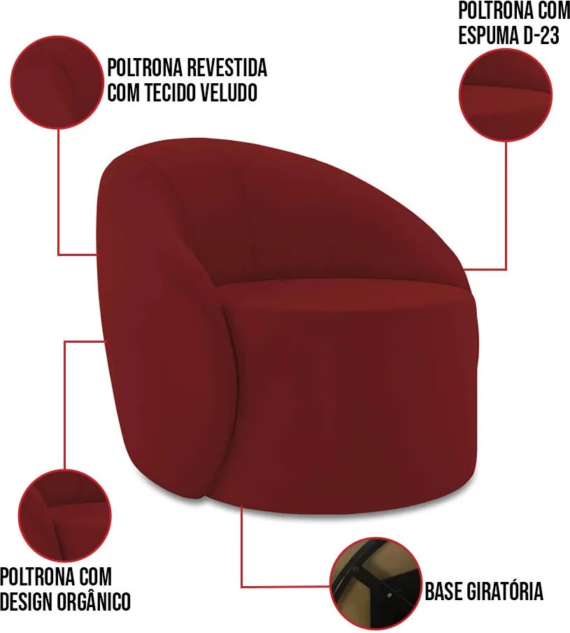 Poltrona Decorativa Orgânica Giratória Lua Veludo D03 - D'Rossi  - Marsala