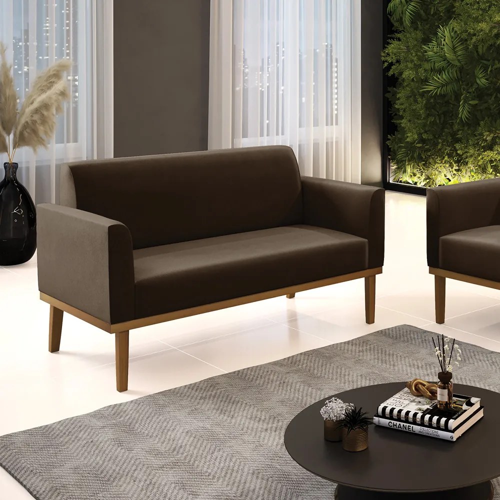 Sofá 2 Lugares Namoradeira Marisa Base Madeira Castanho Suede D03 - D'Rossi - Marrom