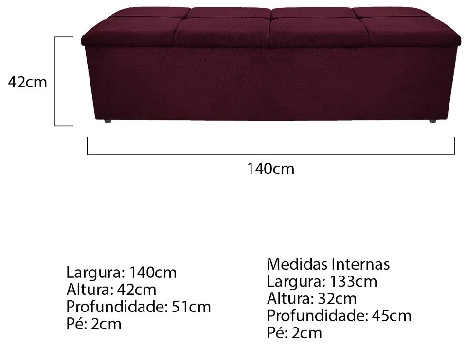 Calçadeira Munique 140 cm Casal Suede Bordô - ADJ Decor