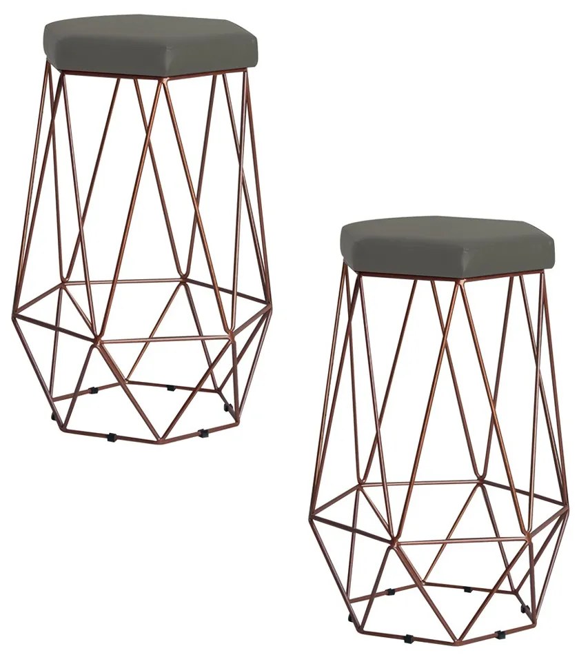 Kit 2 Banqueta Decorativa Rubel Base Bronze Suede Cinza G41 - Gran Belo