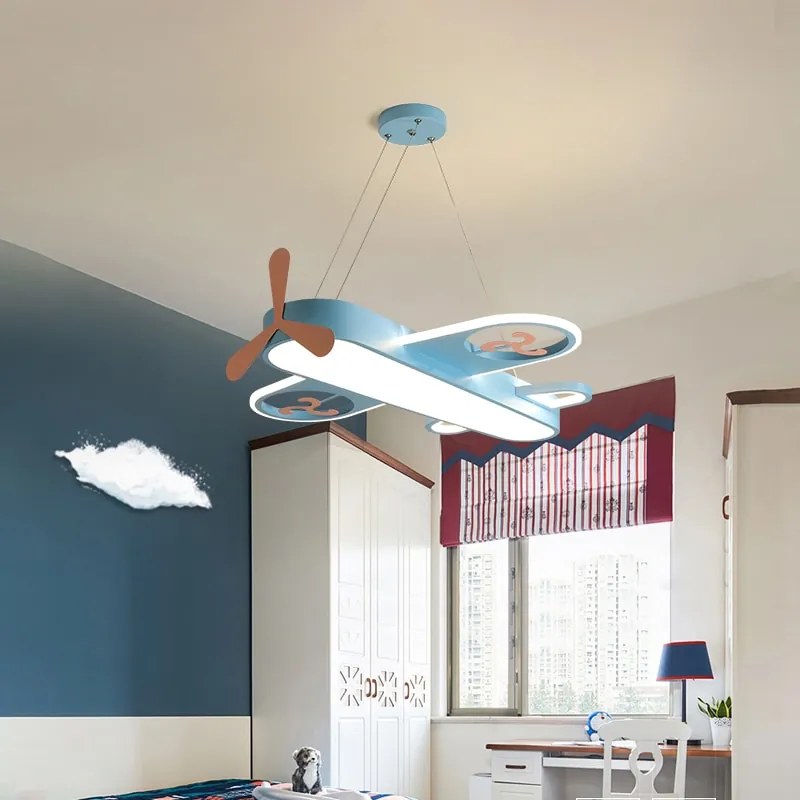 Lustres infantil avião moderno conduziu a lâmpada pingente para o quarto das crianças em casa crianças bebê meninos avião pendurado lustre de teto decoração luminária - Azul-Bebê - Dia680mm | Branco quente